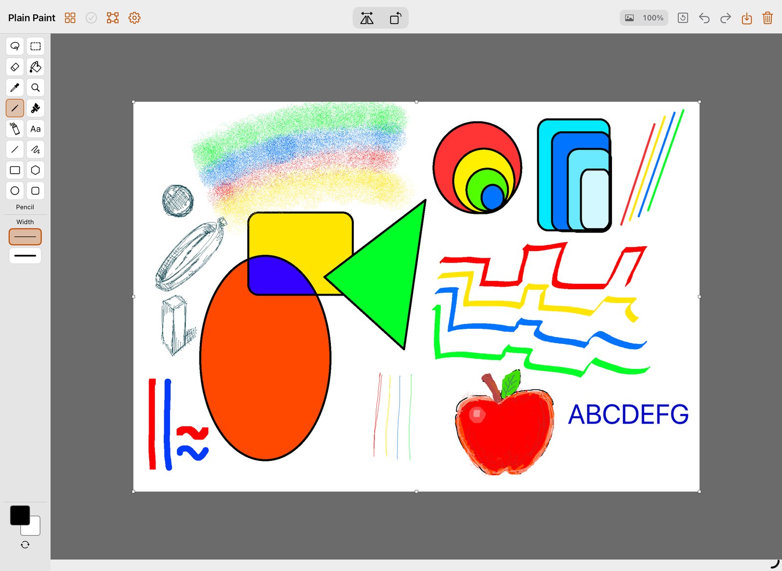 The Plain Paint screen, with a tool panel on the left and a canvas of shapes and lines in the middle.