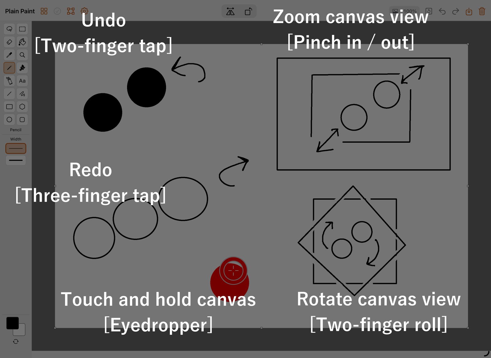 Gestures: two-finger tap to undo, three-finger tap to redo, pinch to zoom, two-finger roll to rotate, touch and hold the canvas for the eyedropper.